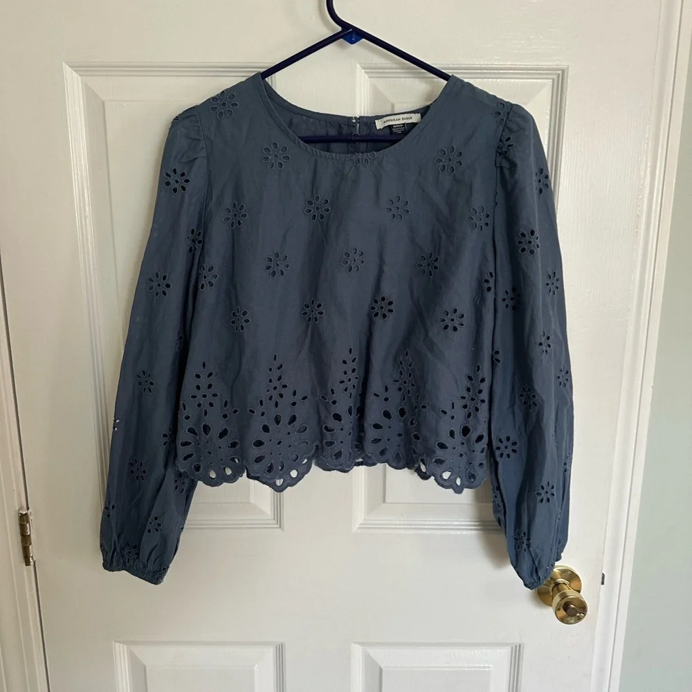 American Eagle Outfitters Navy Eyelet Blouse